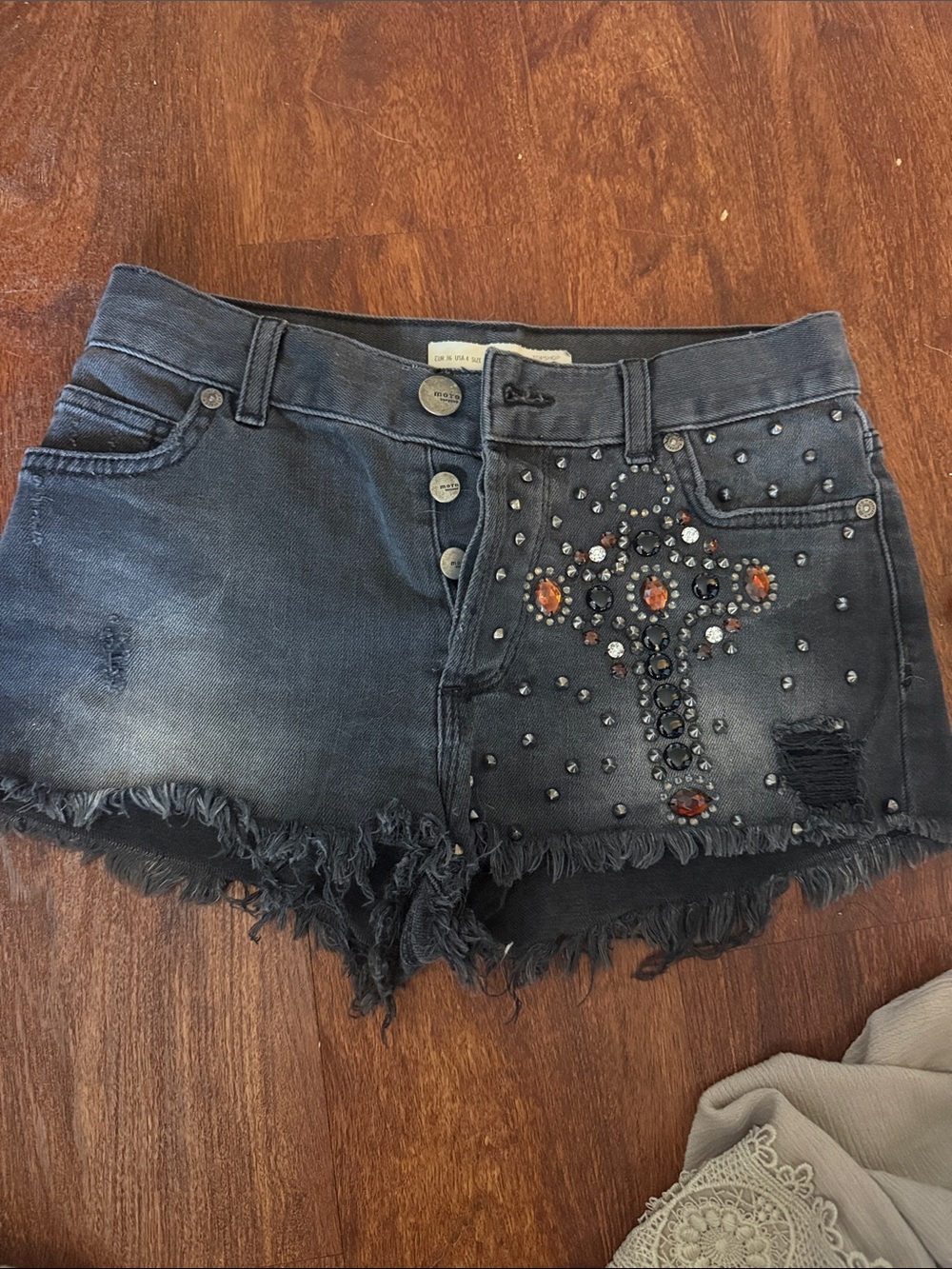 Topshop Black Distressed Jean Shorts with Cross Stud Embellishment